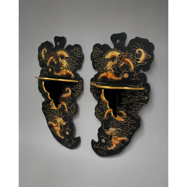 Pair of Japanese Meiji Period Dragon Lacquer Folding Wall Shelves For Sale - Image 4 of 9