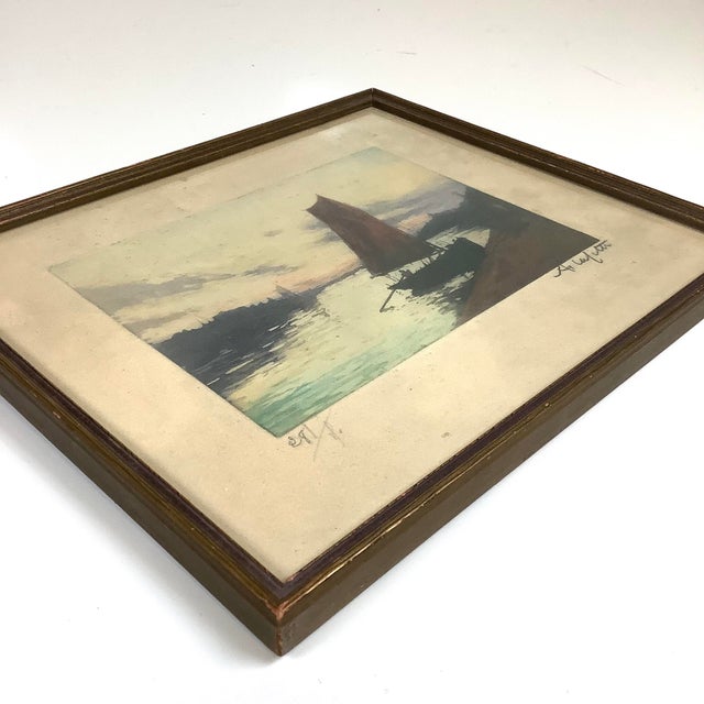 Arts & Crafts 1920s Manuel Robbe Alphonse Lafitte Sailboat Artist Signed Etching Aquatint 1920s 5x7” For Sale - Image 3 of 8