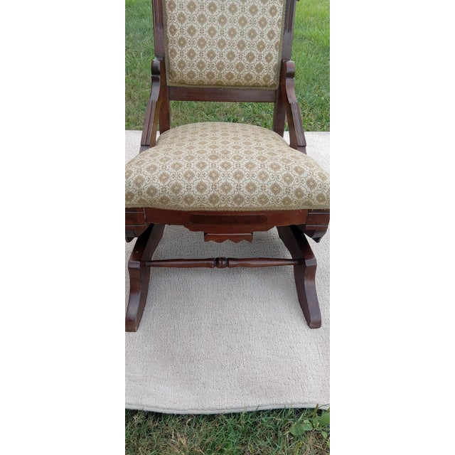 1920s Colonial Era Solid Wood Rocking Chair With Ornate Upholstery For Sale - Image 4 of 12