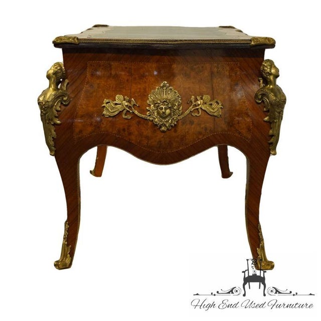 French Provincial Vintage French Provincial Louis XV Burled Walnut & Kingwood Bureau Plat / Executive Desk W. Tooled Leather Top & Gilt Figural Mounts For Sale - Image 3 of 11