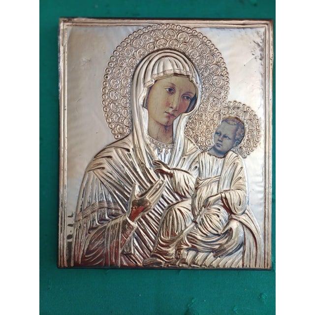 Icon Depicting the Virgin and Child, Painting on Panel with Repoussé Silver Layer, 19th Century For Sale - Image 6 of 6