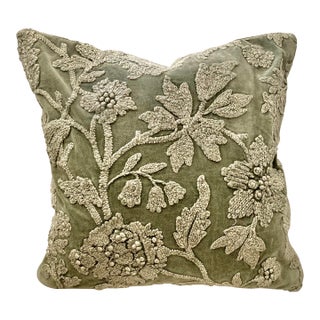 Floral Embroidered Sage Washed Velvet Decorative Pillow Cover For Sale
