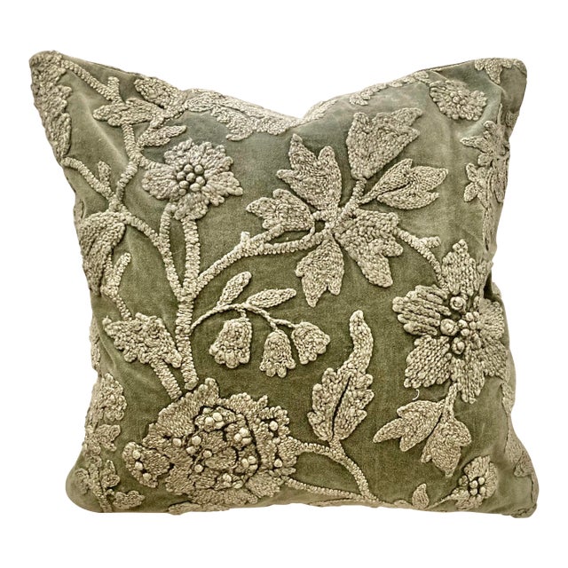 Floral Embroidered Sage Washed Velvet Decorative Pillow Cover For Sale