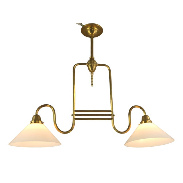 Two-Armed Hanging Lamp with Opal Glass Shade, Austria, 1920s For Sale