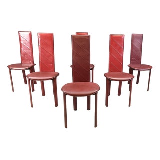 Vintage Italian Red Leather High Back Dining Chairs, 1980s, Set of 6 For Sale