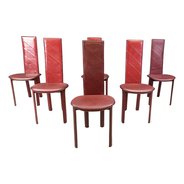 Vintage Italian Red Leather High Back Dining Chairs, 1980s, Set of 6 For Sale