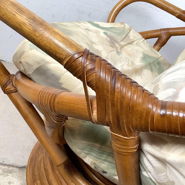 Pair of Vintage Rattan Swivel Egg Pod Lounge Chairs, Stacked Pedestal Base For Sale - Image 9 of 12