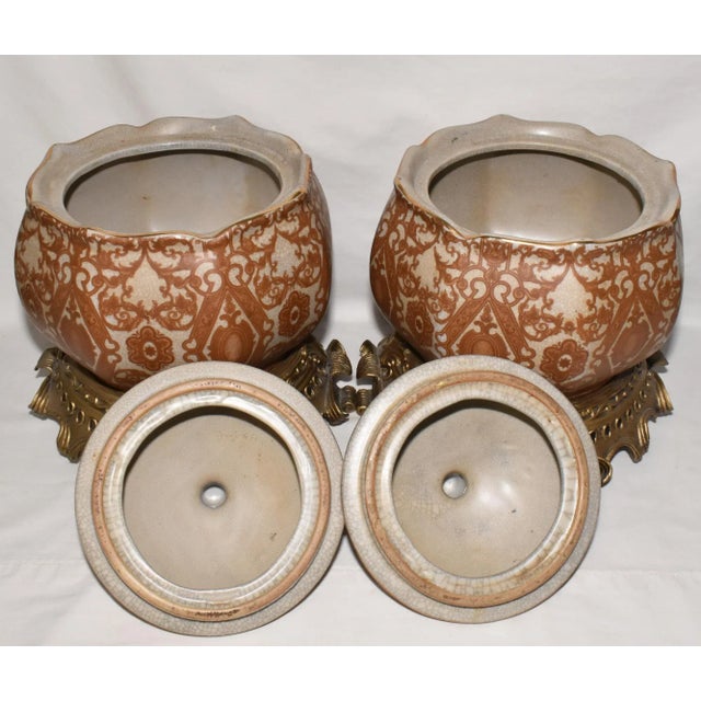 Metal Pair Mid 20th Century Asian Crackle Glaze Porcelain Ginger Jars on Brass Bases Floral Motif For Sale - Image 7 of 11
