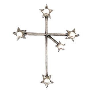 1990s Mikimoto Estate Akoya Pearl Cross Brooch Sterling Silver 4 mm For Sale
