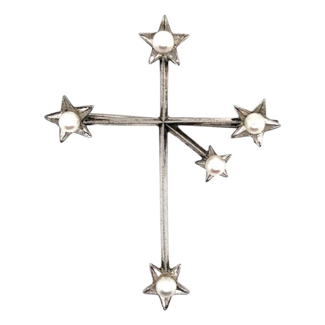 1990s Mikimoto Estate Akoya Pearl Cross Brooch Sterling Silver 4 mm For Sale