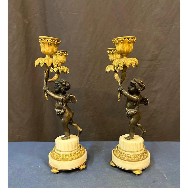 Antique Bronze & Marble Angel Candelabra - A Pair For Sale - Image 4 of 6