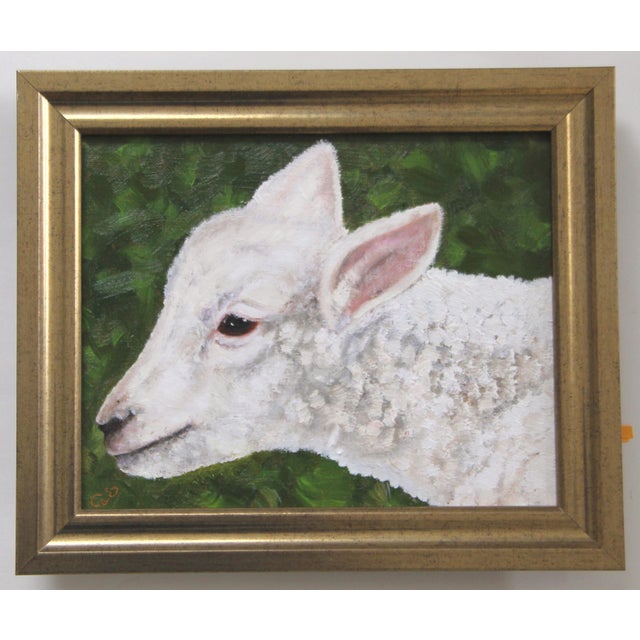 Ram Sheep Portrait English Traditional Impressionism White Black Olive Green Original Painting by Cleo Plowden For Sale - Image 6 of 6