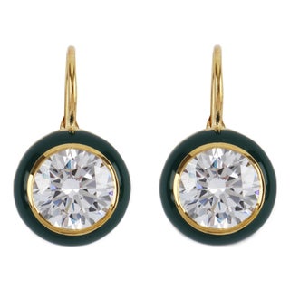 Green Enamel Bezel Drop Earrings, A Pair For Sale