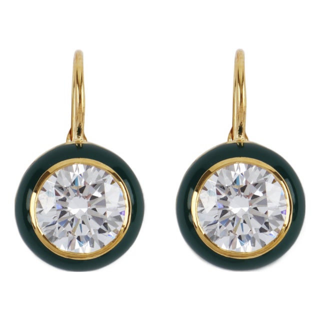 Green Enamel Bezel Drop Earrings, A Pair For Sale