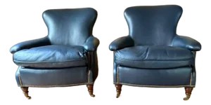 Pair of Whitemore Sherrill Furniture Blue Leather Brass Nail Trim Club Lounge Chairs