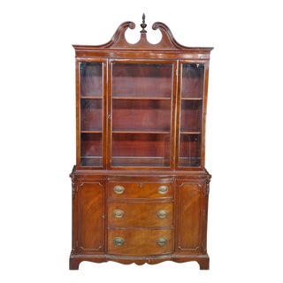Mid Century Sheraton Style Mahogany Bow Front China Curio Display Cabinet 82" For Sale