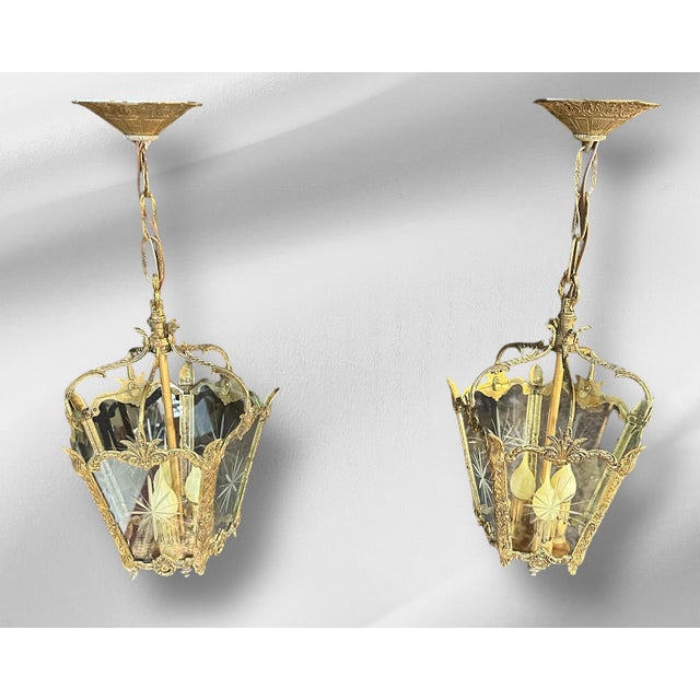 1920s Rococo Lanterns Pendant Lights With Etched Glass - a Pair For Sale - Image 9 of 15