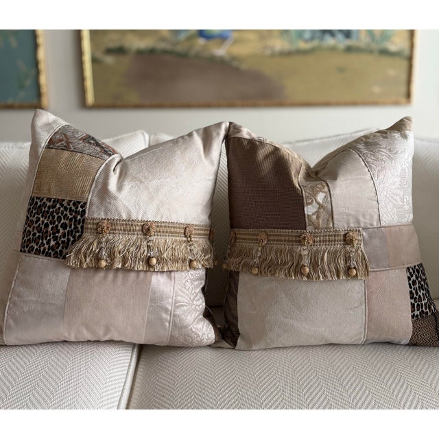 Tan Lux Patchwork With Fringe Pillows - 18" X 18" Sold as a Pair For Sale - Image 8 of 9
