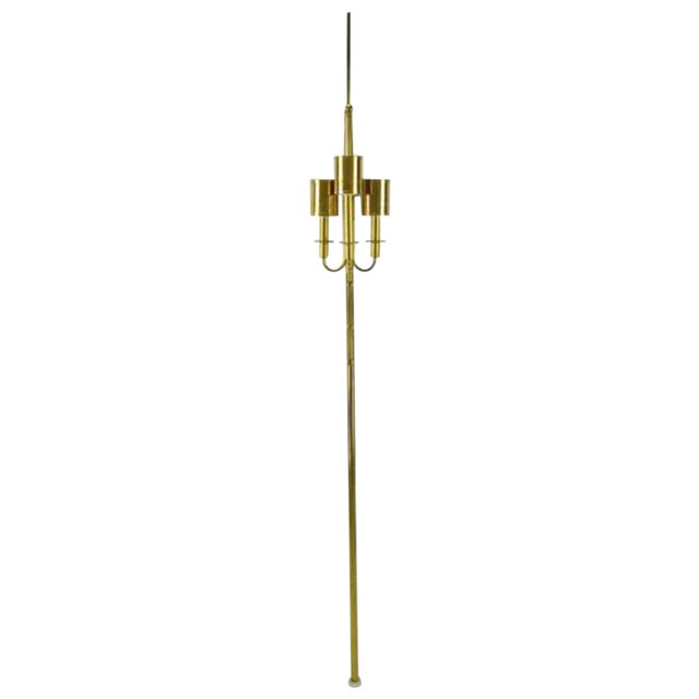 Three-Light Pole Lamp With Polished and Pierced Brass Shades For Sale