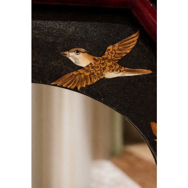 Vintage Chinoiserie-Style Hexagonal Wall Mirror With Hand-Painted Birds, Circa 1960's, 16 Inch Diameter For Sale - Image 4 of 12