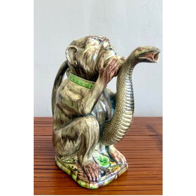 Mid-Century Modern Late 20th Century Boho Ceramic Majolica-Style Monkey & Cobra Pitcher For Sale - Image 3 of 7