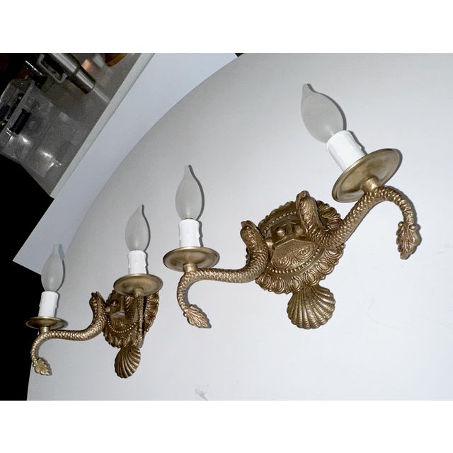Pair Neoclassic Dolphin Shell Brass Wall Sconces For Sale - Image 4 of 14