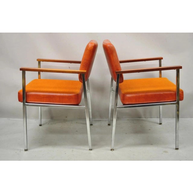 Vintage Mid Century Modern Orange Naugahyde Chrome Arm Chairs by Malibu - A Pair For Sale - Image 11 of 12