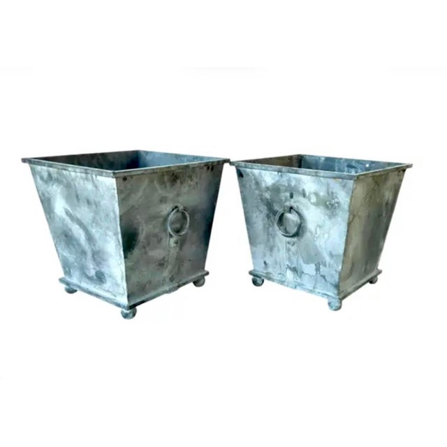 Pair of Neoclassical Metal Planters, Gray Patina For Sale - Image 9 of 9