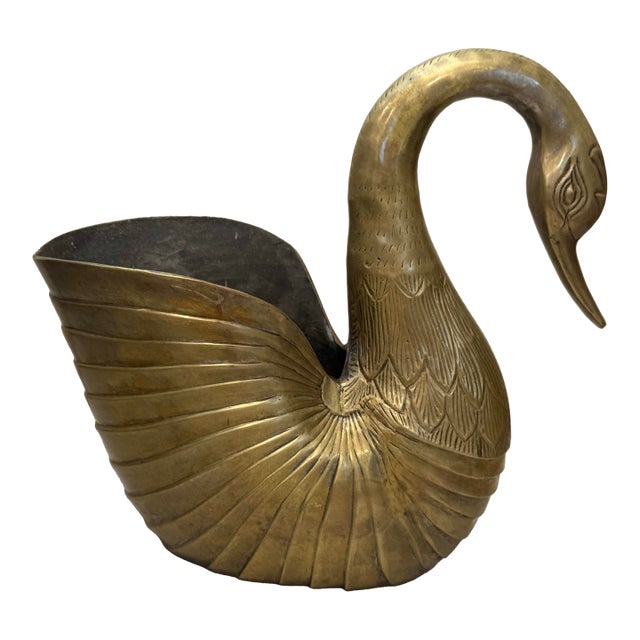 Vintage Solid Brass Large Gold Swan Plant Pot Natural Patina Feathered For Sale