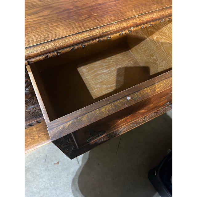 Wood Antique Flemish Carved Oak Sideboard Late 19th Century Toms-Price Chicago Provenance Grotesque Masks Marquetry Inlay For Sale - Image 7 of 7