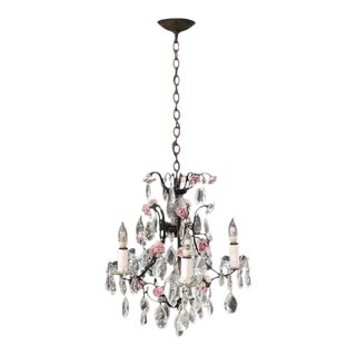 Vintage Crystal, Glass & Ebonized Iron 5-Light Chandelier With Porcelain Flowers For Sale