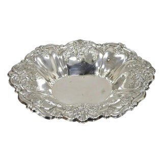 Early 20th Century Victorian Silver Plated Floral Repousse Trinket Dish Serving Fruit Bowl Platter For Sale