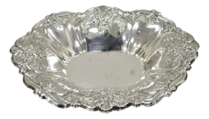 Early 20th Century Victorian Silver Plated Floral Repousse Trinket Dish Serving Fruit Bowl Platter
