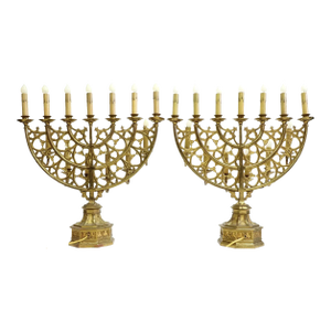 20th Century Gothic Revival Gilt Metal 13-L Menorah Style Two Tiers Candelabra Lamps, Set of 2