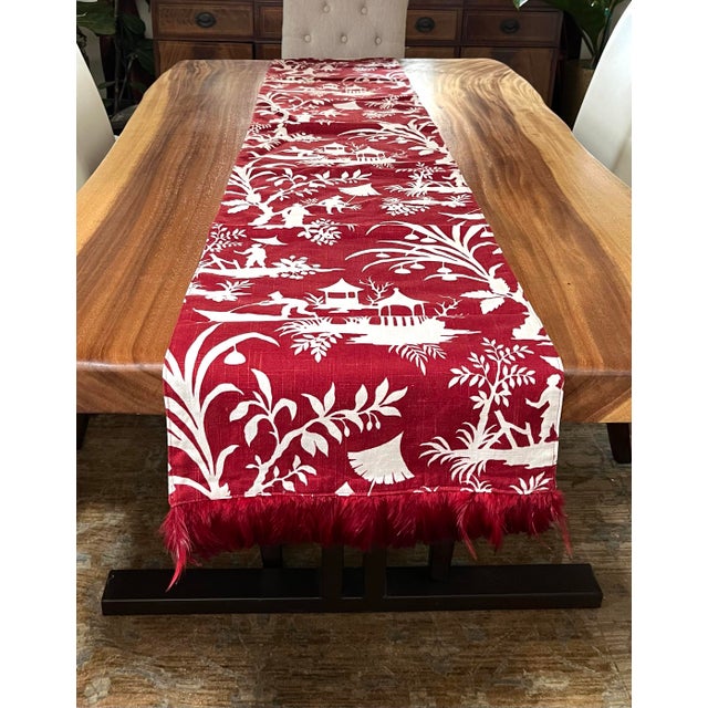 95” Two Sided Chinoiserie Bordaux Luxury Custom Table Runner For Sale - Image 4 of 8