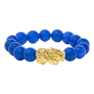 18K Yellow Gold Blue Agate Beaded Dragon Charm Bracelet For Sale