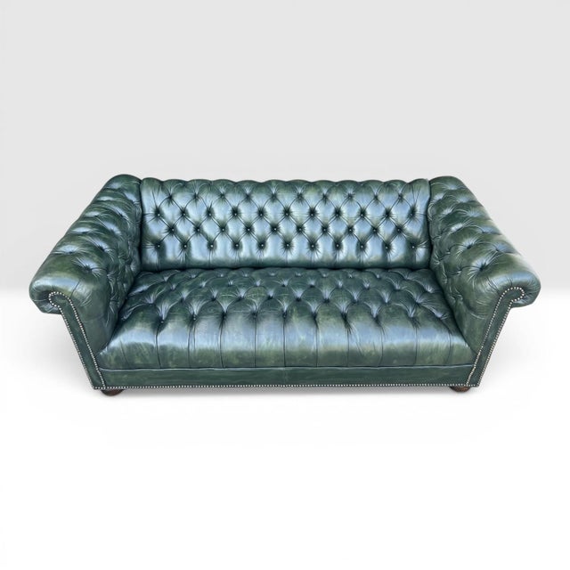 1960s 1960s Classic English Traditional Chesterfield Sofa in Rich Dark Green Leather- Brass Nail Head Trim For Sale - Image 5 of 11
