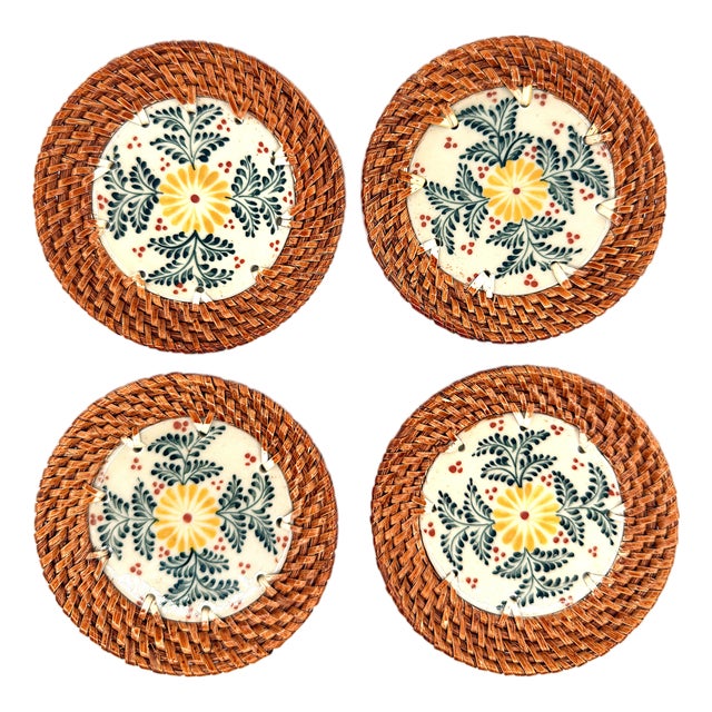 Asian Modern Bat Trang Vietnam Rattan & Ceramic Coasters With Hand Painted Yellow Floral Motif - Set of 4 For Sale