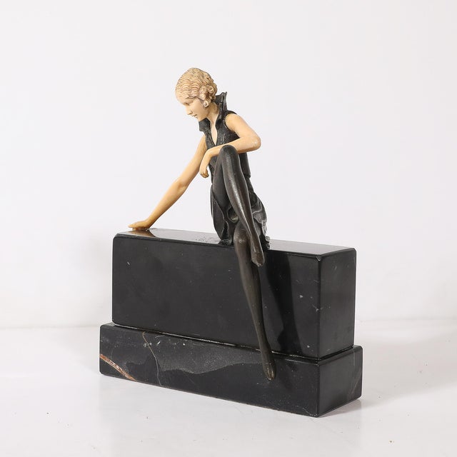 Art Deco Flapper Girl Sculpture in Bronze & Resin on Rectilinear Marble Base For Sale - Image 13 of 13
