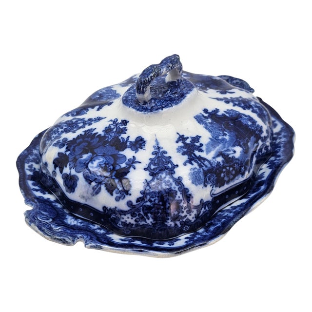 Antique W. Adams Fairy Villas Flow Blue Covered Serving Dish 13.5" For Sale
