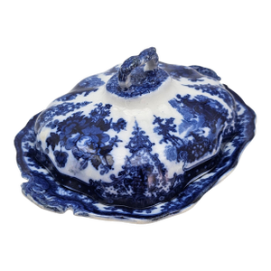 Antique W. Adams Fairy Villas Flow Blue Covered Serving Dish 13.5"