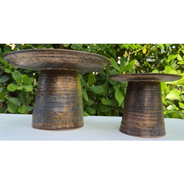 Late 20th Century Vintage Organic Modern Studio Pottery Pedestal Bowls, Graduated Pair For Sale - Image 5 of 12