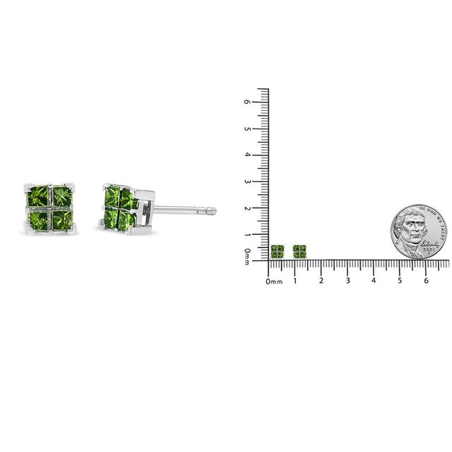 Early 21st Century .925 Sterling Silver 3/8 Cttw Treated Green Princess-cut Diamond 4 Stone Composite Quad Stud Earring (Green Color, I1-I2 Clarity) For Sale - Image 5 of 5