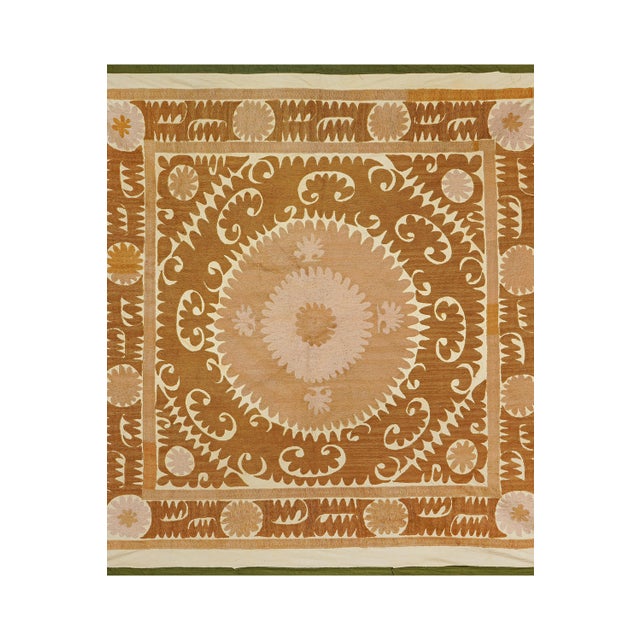 Uzbek Hand embroidery Brown and Beige Suzani, Boho Wall hanging Decor, Natural Color Suzani Tablecloth 4'5'' x 4'4'' While...