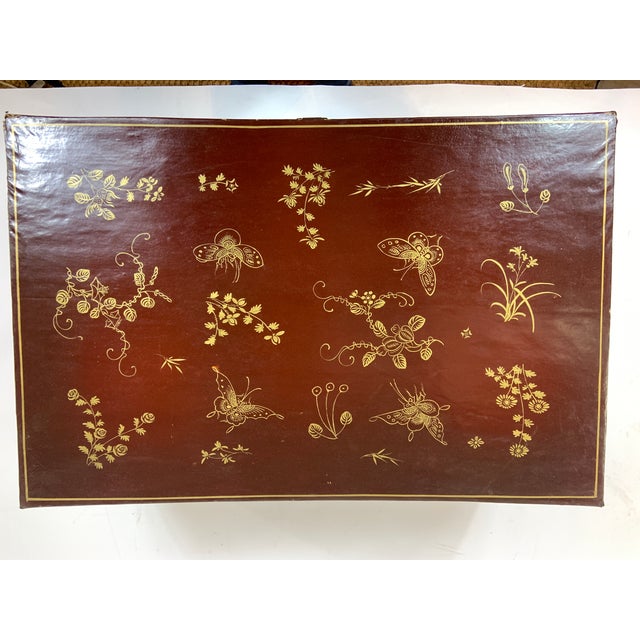 Coffee Vintage Chinese Leather Painted Trunk Coffee Table With Wood Stand, Glass Top For Sale - Image 8 of 12