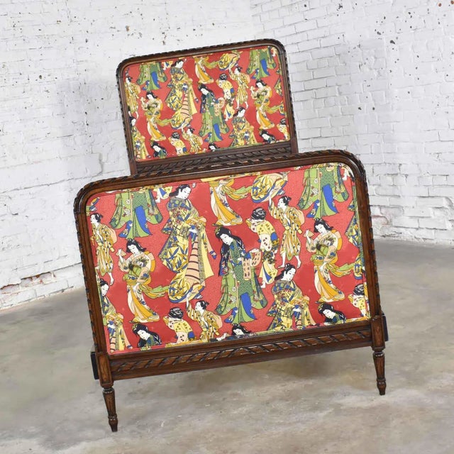 Wood Antique French Carved Walnut and Upholstered Twin Bed With Asian Figural Fabric For Sale - Image 7 of 12