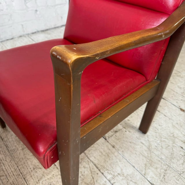 Plastic Mid Century Modern Pair of Red Vinyl Arm Chairs For Sale - Image 7 of 11