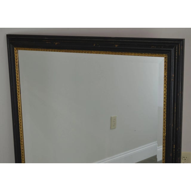 Regency Style Distressed Black & Gold Frame Rectangular Beveled Mirrors - a Pair For Sale - Image 9 of 13