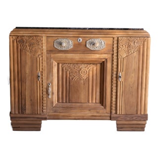Art Deco Walnut Buffet with Carved Decorations and Black Marble Top, 1930s For Sale