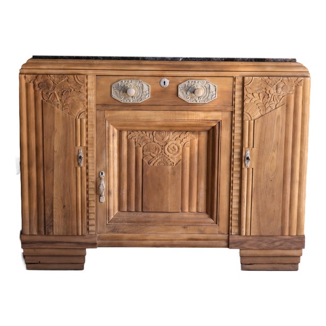 Art Deco Walnut Buffet with Carved Decorations and Black Marble Top, 1930s For Sale